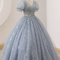 Blue V-neck tulle long ball gown dress formal dress - Thumbnail 1