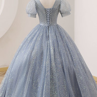 Blue V-neck tulle long ball gown dress formal dress - Thumbnail 3
