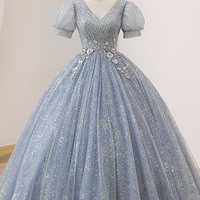 Blue V-neck tulle long ball gown dress formal dress - Thumbnail 4