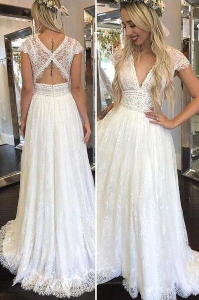 Charming Cap Sleeves Simple A-line Lace Wedding Dresses