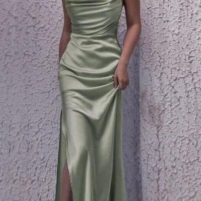 Sheath cowl neck sage green silk satin evening dresses - Thumbnail 3