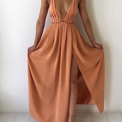 Spaghetti strap v neck prom dress with front split - Thumbnail 2