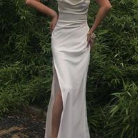 Sheath Cowl Neck Silk Satin Long Prom Dresses with Slit - Thumbnail 1