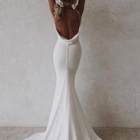 Mermaid V Neck Backless Satin Wedding Dresses - Thumbnail 2