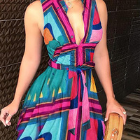 Sexy Sleeveless Deep V Print Dress - Thumbnail 1