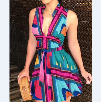 Sexy Sleeveless Deep V Print Dress