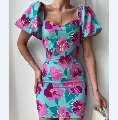Women's Floral Puff Sleeve Skinny Pack Hip Dress
