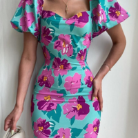 Women's Floral Puff Sleeve Skinny Pack Hip Dress - Thumbnail 2