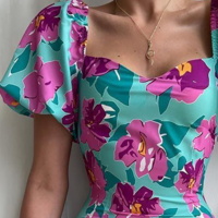 Women's Floral Puff Sleeve Skinny Pack Hip Dress - Thumbnail 1