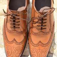 Classic Hand Stitch Brown Oxfords Wingtip Leather Lace Up Formal Shoes - Thumbnail 1