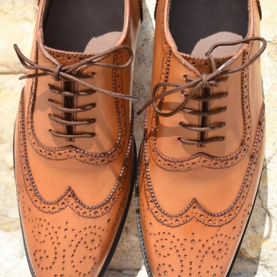 Classic hand stitch brown oxfords wingtip leather lace up formal shoes - Thumbnail 2