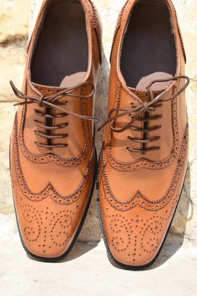 Classic Hand Stitch Brown Oxfords Wingtip Leather Lace Up Formal Shoes