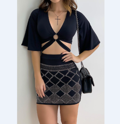 Women's Deep V-Neck Black Two-piece Suit