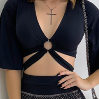 Women's Deep V-Neck Black Two-piece Suit - Thumbnail 2