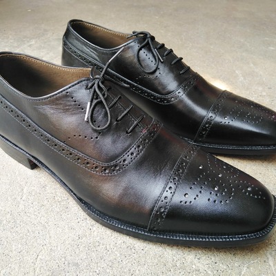 Handmade classical brogue touch oxford captoe black leather shoes - Thumbnail 3