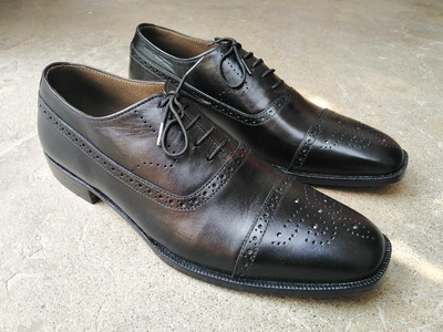 Handmade Classical Brogue Touch Oxford Captoe Black Leather Shoes