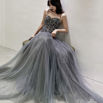 Grey tulle sequins long prom dress evening dress - Thumbnail 1