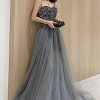 Grey tulle sequins long prom dress evening dress - Thumbnail 1