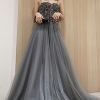 Grey tulle sequins long prom dress evening dress - Thumbnail 2
