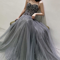 Grey tulle sequins long prom dress evening dress - Thumbnail 3