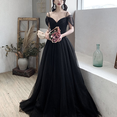 Black v-neck tulle long prom dress black evening dress - Thumbnail 1