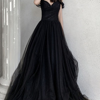 Black V-Neck Tulle Long Prom Dress Black Evening Dress - Thumbnail 1