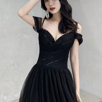 Black V-Neck Tulle Long Prom Dress Black Evening Dress - Thumbnail 3