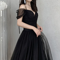 Black V-Neck Tulle Long Prom Dress Black Evening Dress - Thumbnail 4