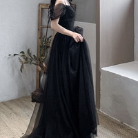 Black V-Neck Tulle Long Prom Dress Black Evening Dress - Thumbnail 5