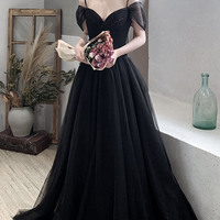 Black V-Neck Tulle Long Prom Dress Black Evening Dress - Thumbnail 6