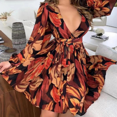 Deep v-neck women's sexy long sleeve dress