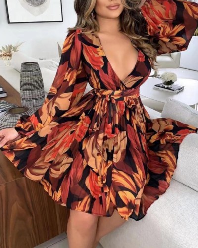 Deep V-Neck Women's Sexy Long Sleeve Dress