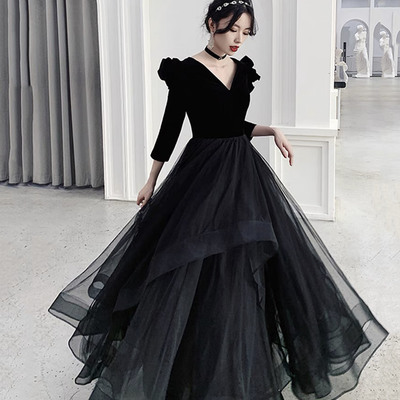 Black v-neck long sleeve prom dress black evening dress - Thumbnail 2