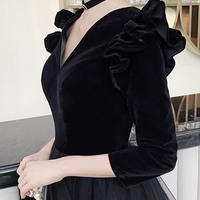 Black V-neck long sleeve prom dress black evening dress - Thumbnail 1