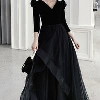 Black V-neck long sleeve prom dress black evening dress - Thumbnail 2