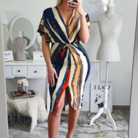 Women's Striped Print V-Neck Short Sleeve Dress - Thumbnail 1