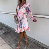 Sexy Ruffled V-Neck Printed Long Sleeve Dress - Thumbnail 1