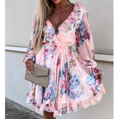 Sexy ruffled v-neck printed long sleeve dress
