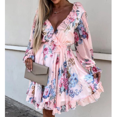 Sexy Ruffled V-Neck Printed Long Sleeve Dress