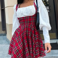 Elegant Red Check Long Sleeve Dress - Thumbnail 1