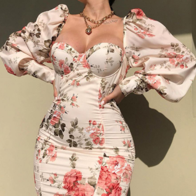 Long sleeve women's apricot print dress