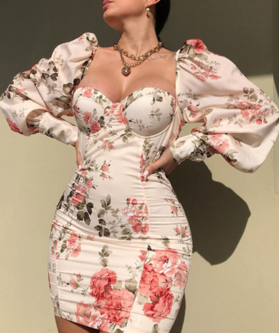 Long Sleeve Women's Apricot Print Dress