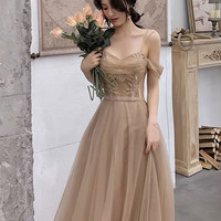 Stylish tulle beaded long prom dress evening dress - Thumbnail 1