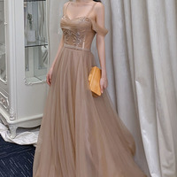 Stylish tulle beaded long prom dress evening dress - Thumbnail 6