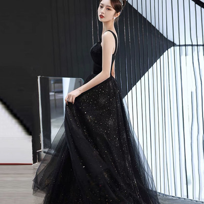 Black tulle long prom dress a-line evening dress - Thumbnail 3