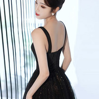 Black tulle long prom dress A-line evening dress - Thumbnail 2