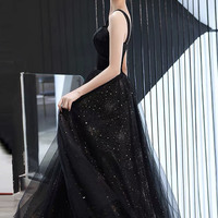 Black tulle long prom dress A-line evening dress - Thumbnail 5