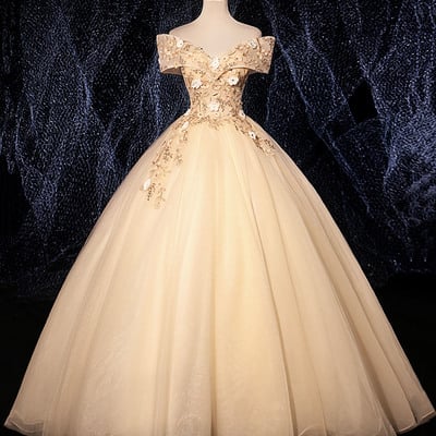 Champagne tulle lace long prom dress evening dress - Thumbnail 2