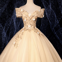 Champagne tulle lace long prom dress evening dress - Thumbnail 2