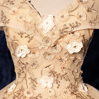 Champagne tulle lace long prom dress evening dress - Thumbnail 3